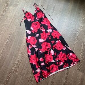 Victoria's Secret Black Slip Midi Dress with Red Floral Print